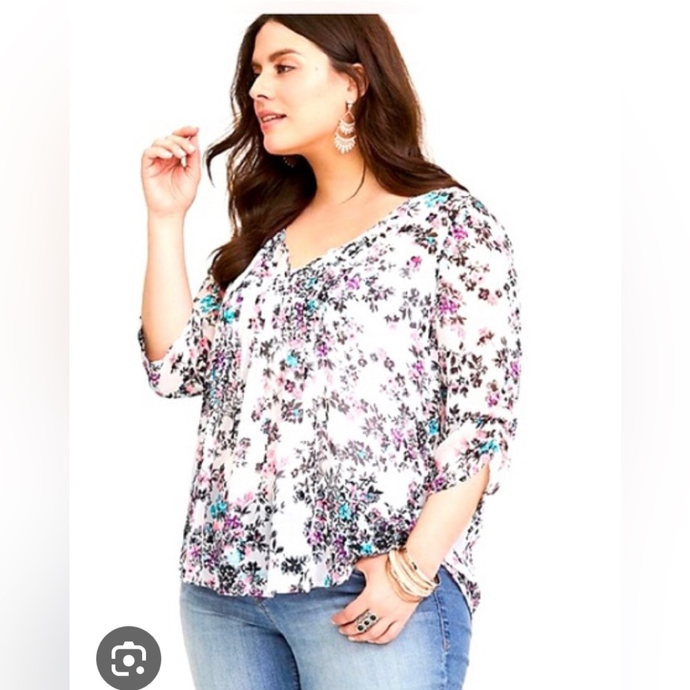 Torrid chiffon pin tuck blouse pink/blue/black floral size 1